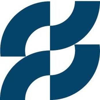 Blue and white geometric logo with interlocking curved shapes forming a symmetrical abstract design.