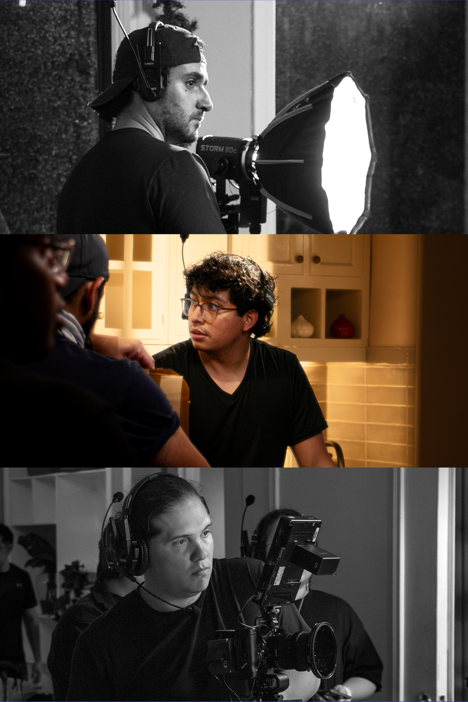 Film crew members operating cameras and lighting equipment on a professional video production set.