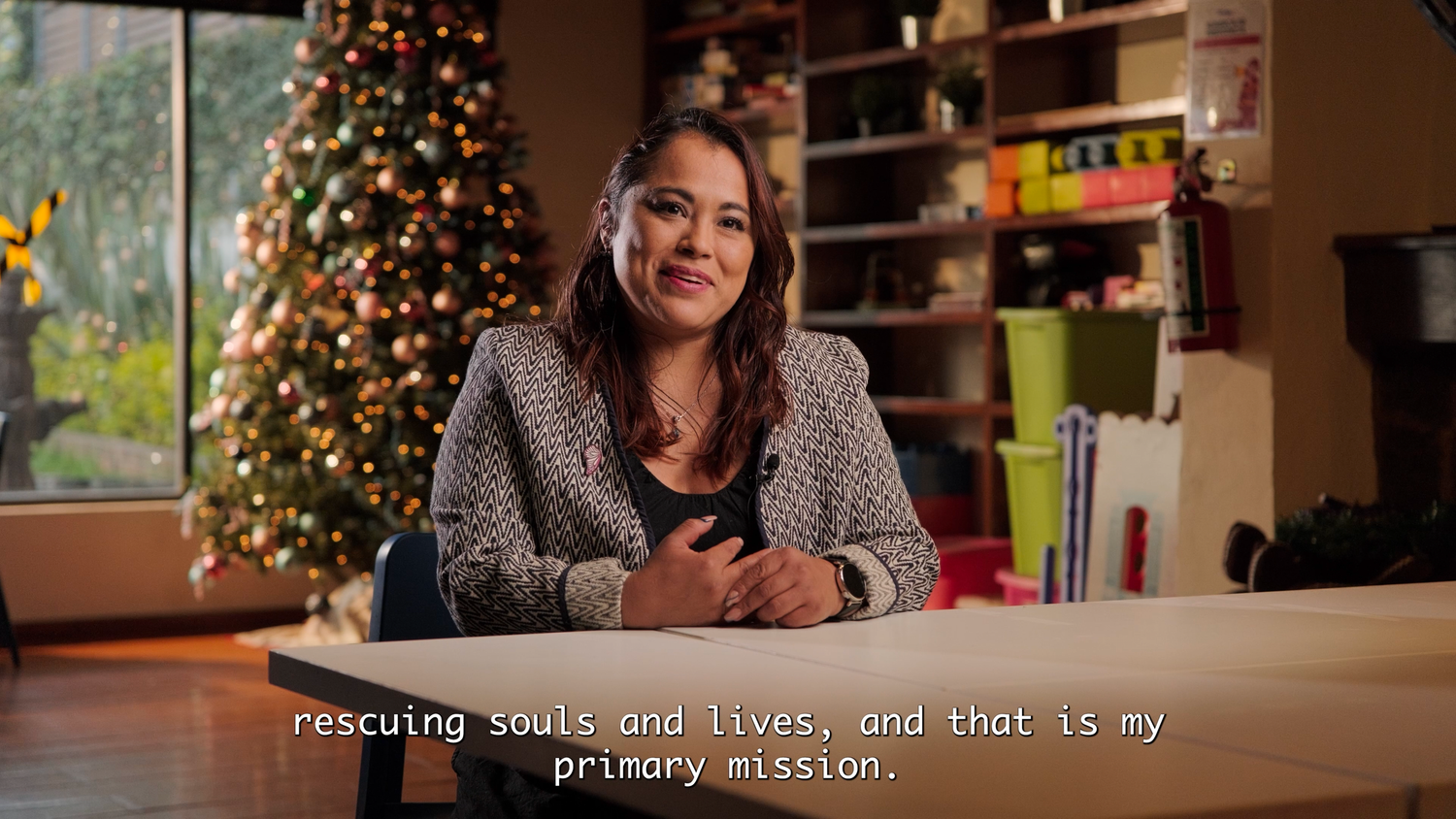 Woman speaking at a table with subtitle text reading rescuing souls and lives, and that is my primary mission.
