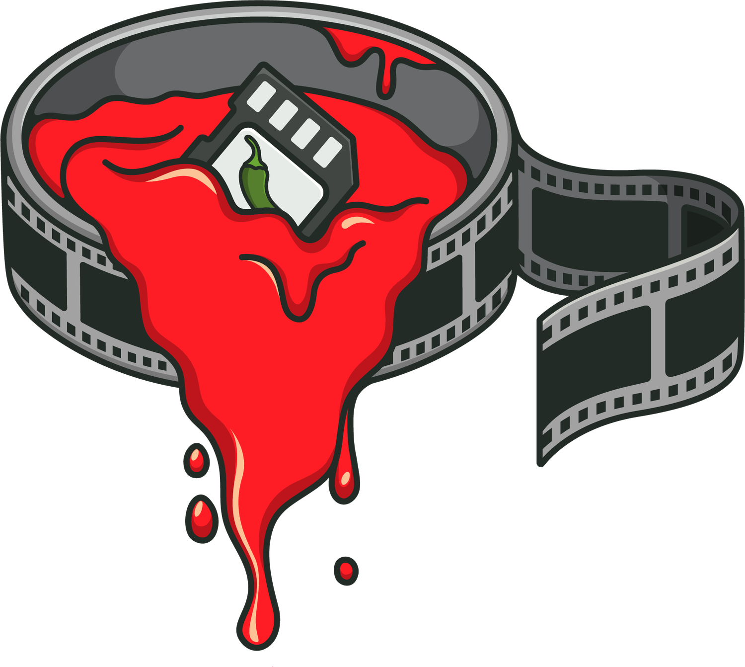 Horror film festival logo with dripping red blood over a film strip reel and clapperboard graphic.