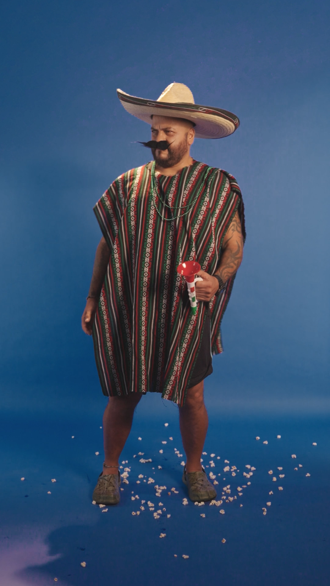 Man wearing a colorful striped poncho and sombrero holding a red flower on a blue background.