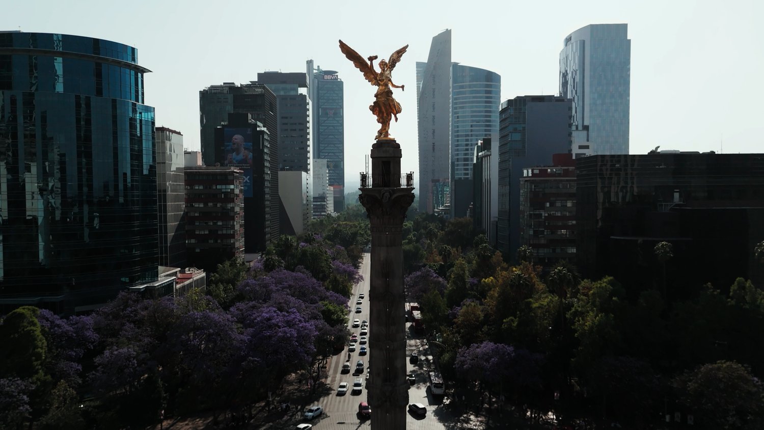Aerial view of the Angel of Independence monument on Paseo de la Reforma boulevard in Mexico City.