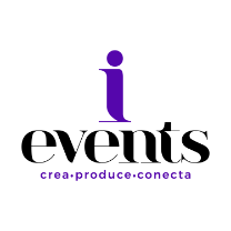 i events logo in purple and black with tagline crea produce conecta on white background.