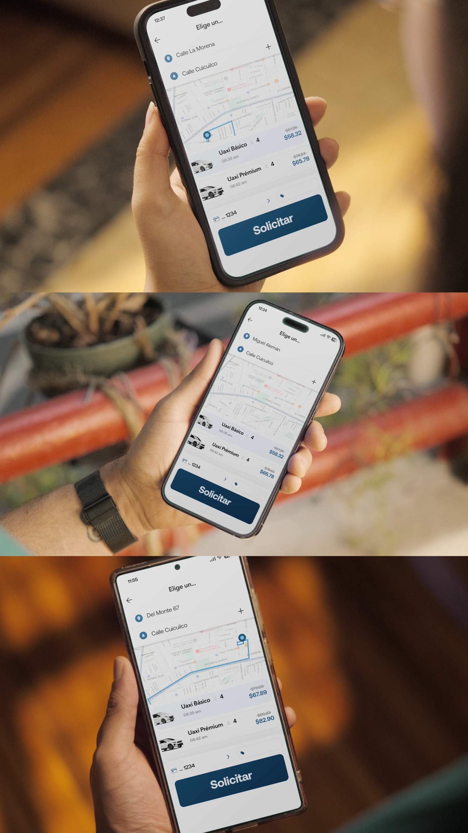 Hand holding iPhone displaying ride-sharing app with route map and Solicitar button.