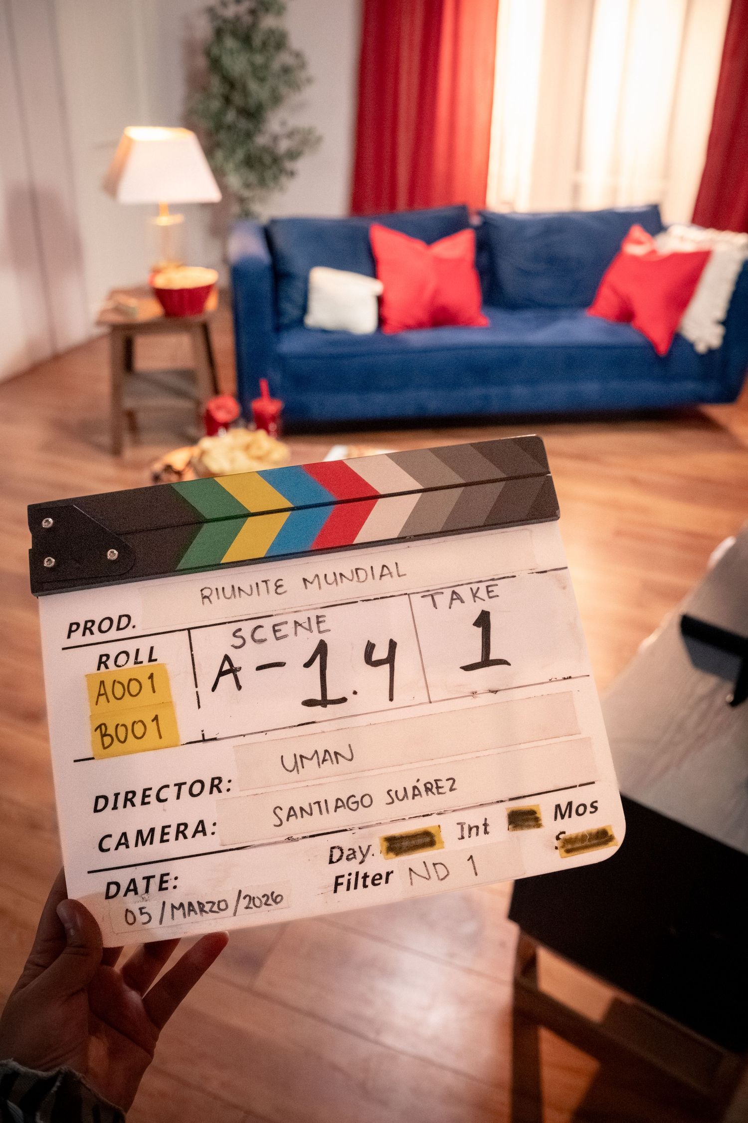 Film clapperboard for Riunite Mundial production directed by Santiago Suarez, Scene A-14 Take 1.