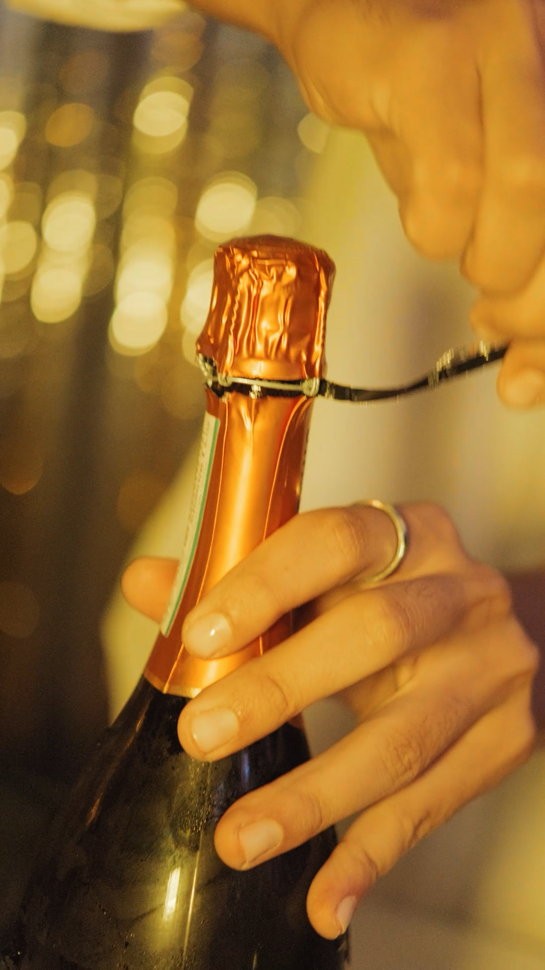 Close-up of hands opening a champagne bottle with gold foil top against a bokeh golden background.