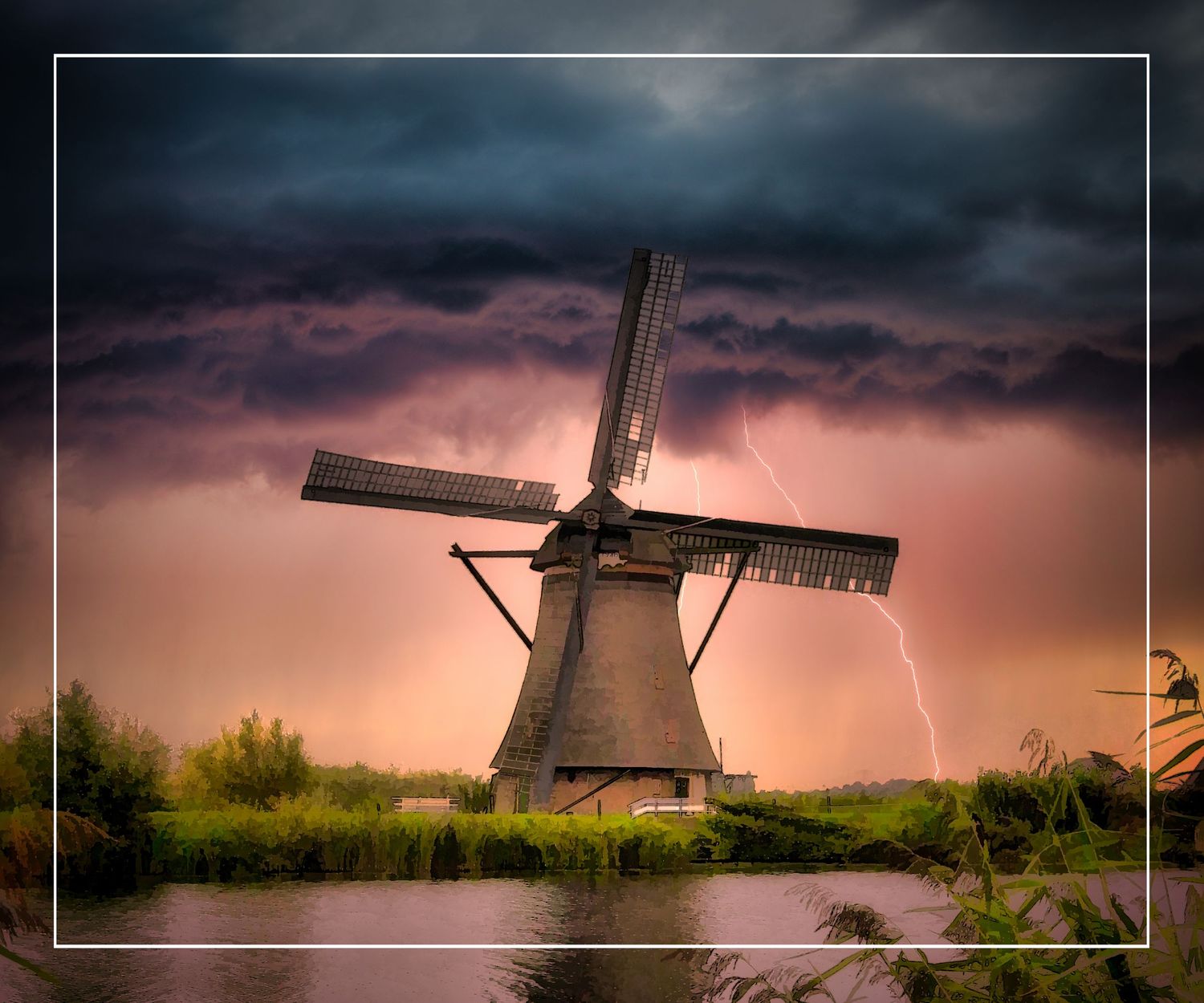 Traditional Dutch windmill at Kinderdijk struck by dramatic lightning bolts under a stormy orange sky, The Netherlands.