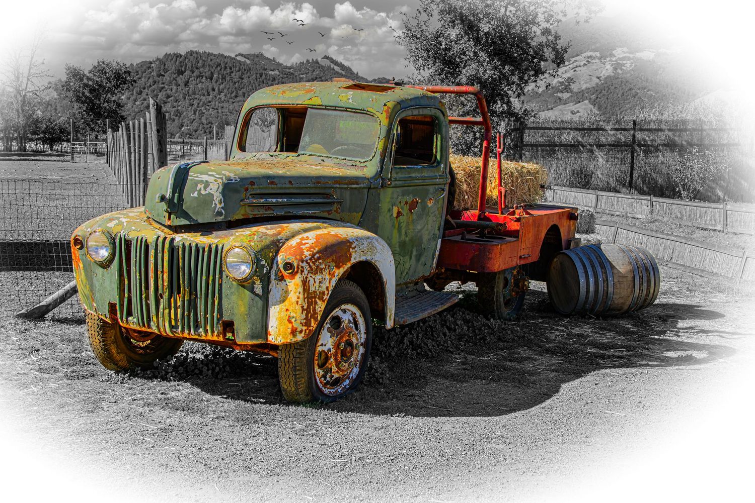 Rusty vintage Ford truck with colorful patina displayed in selective color photography against gray landscape.