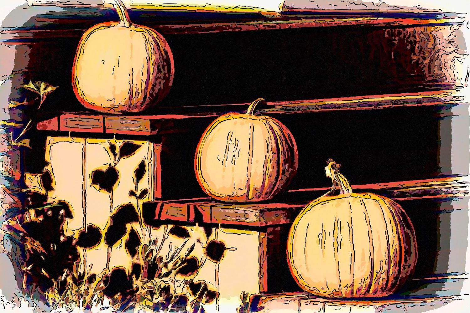 Artistic sepia-toned image of three orange pumpkins displayed on rustic wooden shelves with wildflowers below.