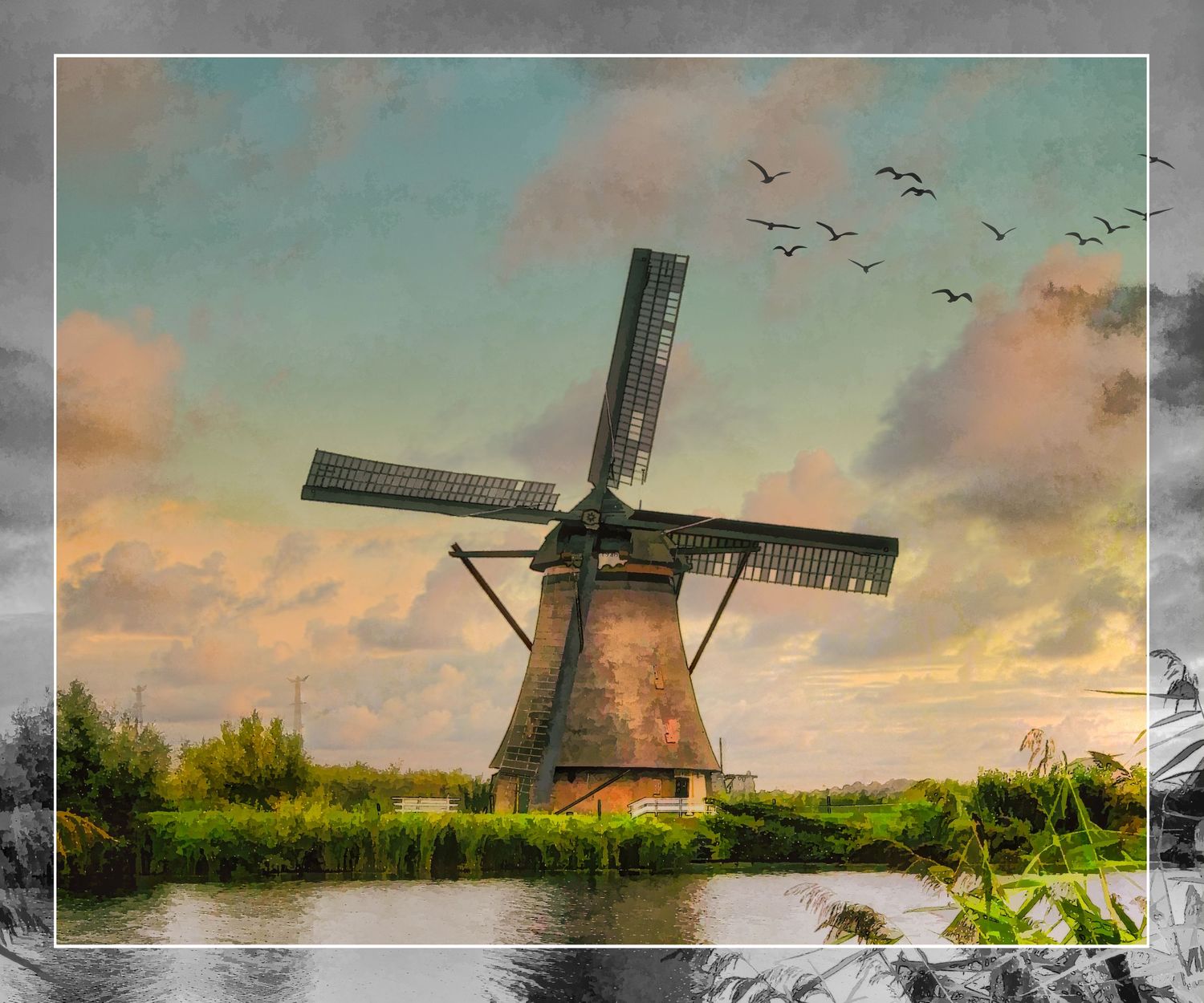 Vintage-style photo of a classic Dutch windmill beside a canal with birds flying under a colorful sunset sky, Amsterdam, The Netherlands.
