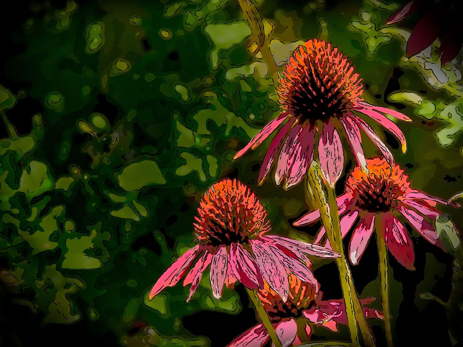 Artistic rendering of pink echinacea coneflowers with orange centers against a lush green backdrop.