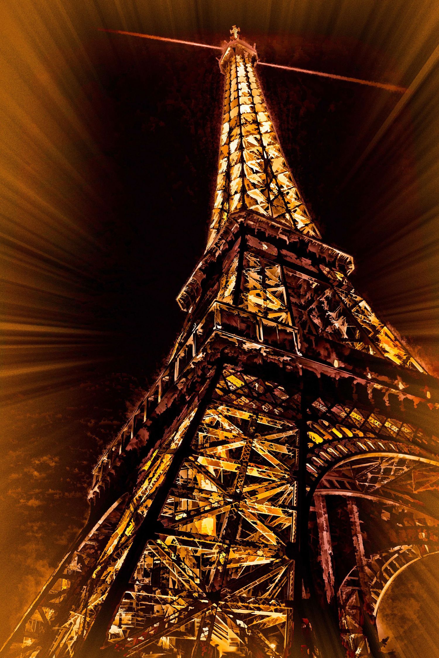 Stunning nighttime low-angle shot of the illuminated Eiffel Tower in Paris, France with dramatic golden light rays effect.