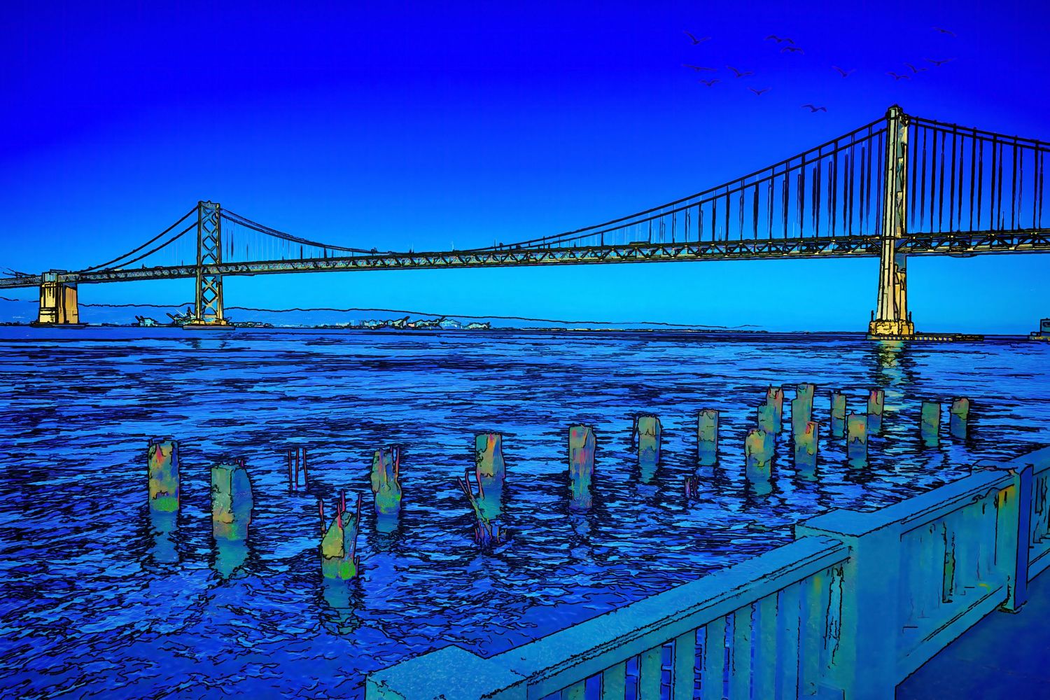 Artistic blue-toned digital rendering of San Francisco Bay Bridge at dusk with glowing lights.