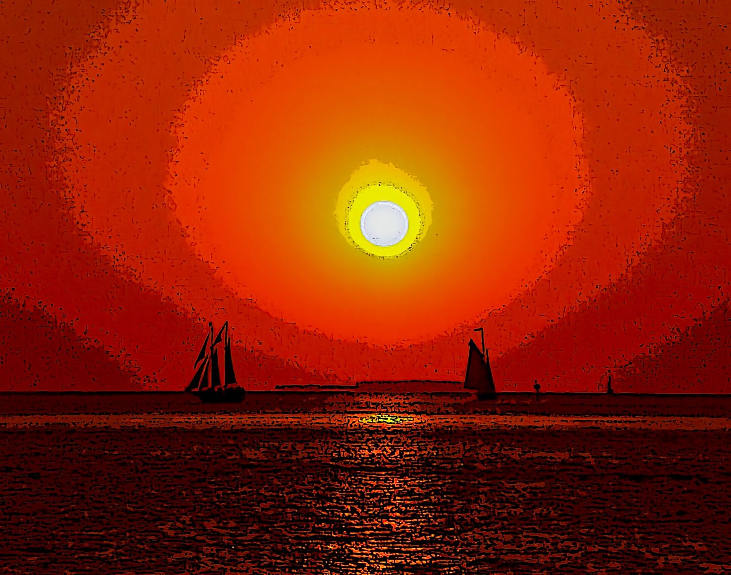 Dramatic red and orange sunset with glowing yellow sun over ocean with sailboat silhouettes on the horizon, Key West, Florida, USA.