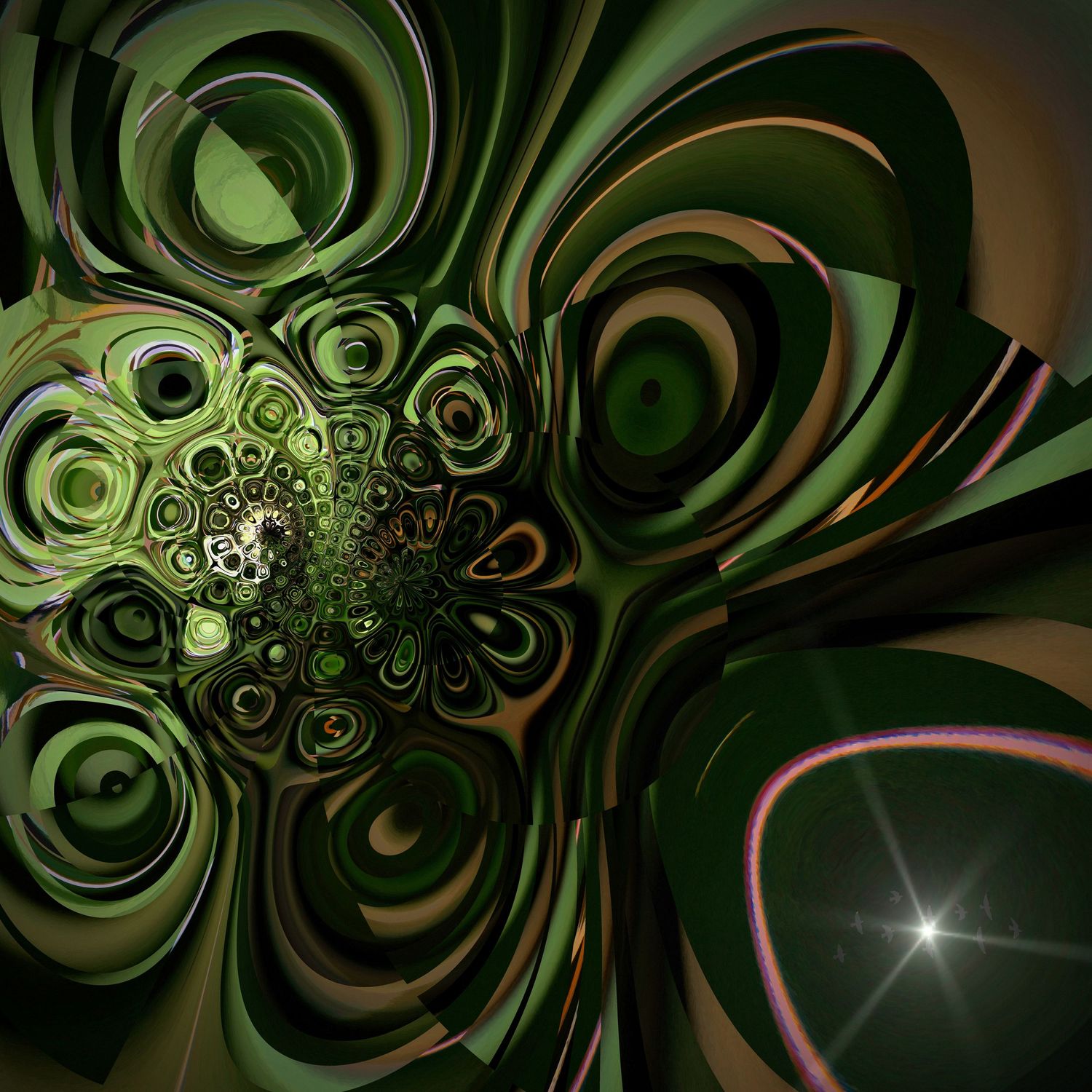 Dark green abstract fractal art with swirling organic shapes, concentric circles, and a bright star lens flare effect.