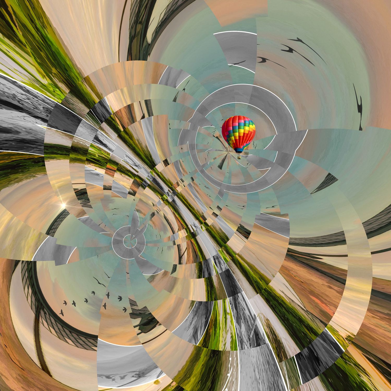 Abstract tiny planet projection featuring a hot air balloon, birds, and distorted landscape in muted earth tones.