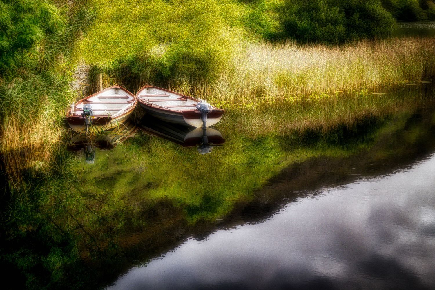 Two wooden rowboats moored along a lush green riverbank with calm reflective water in soft light.