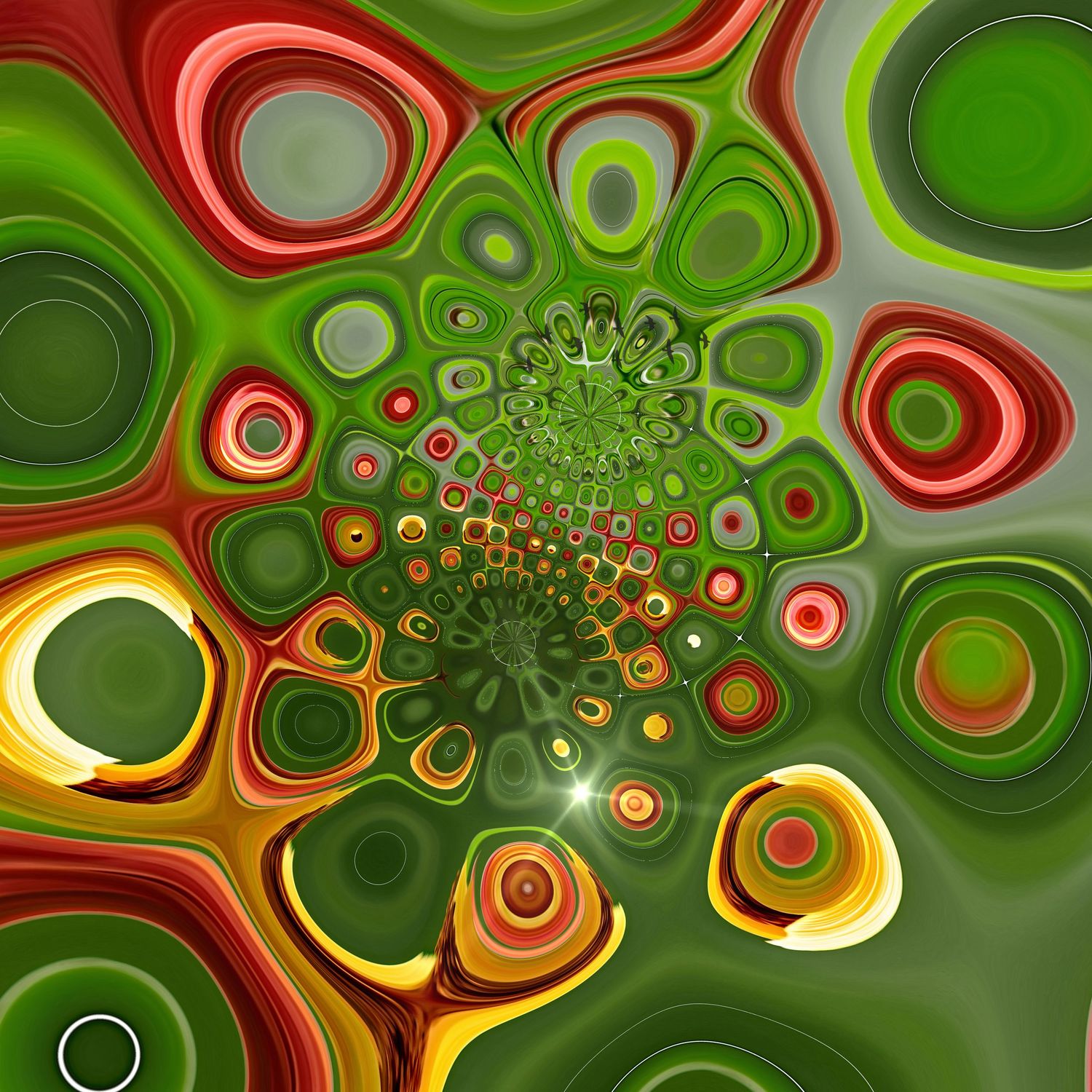 Vibrant abstract fractal art with red, green, and yellow swirling organic shapes and concentric circles with a light flare.