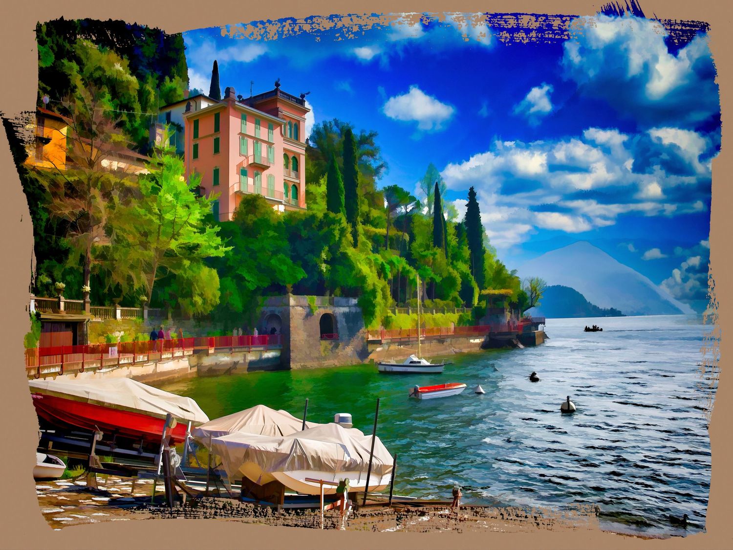 Vibrant painterly scene of Lake Como shoreline with boats, lush trees, and mountain views in Italy.