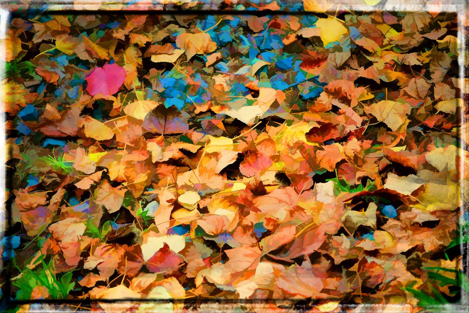 Colorful fallen autumn leaves in shades of orange, blue, and gold with a textured artistic border effect.