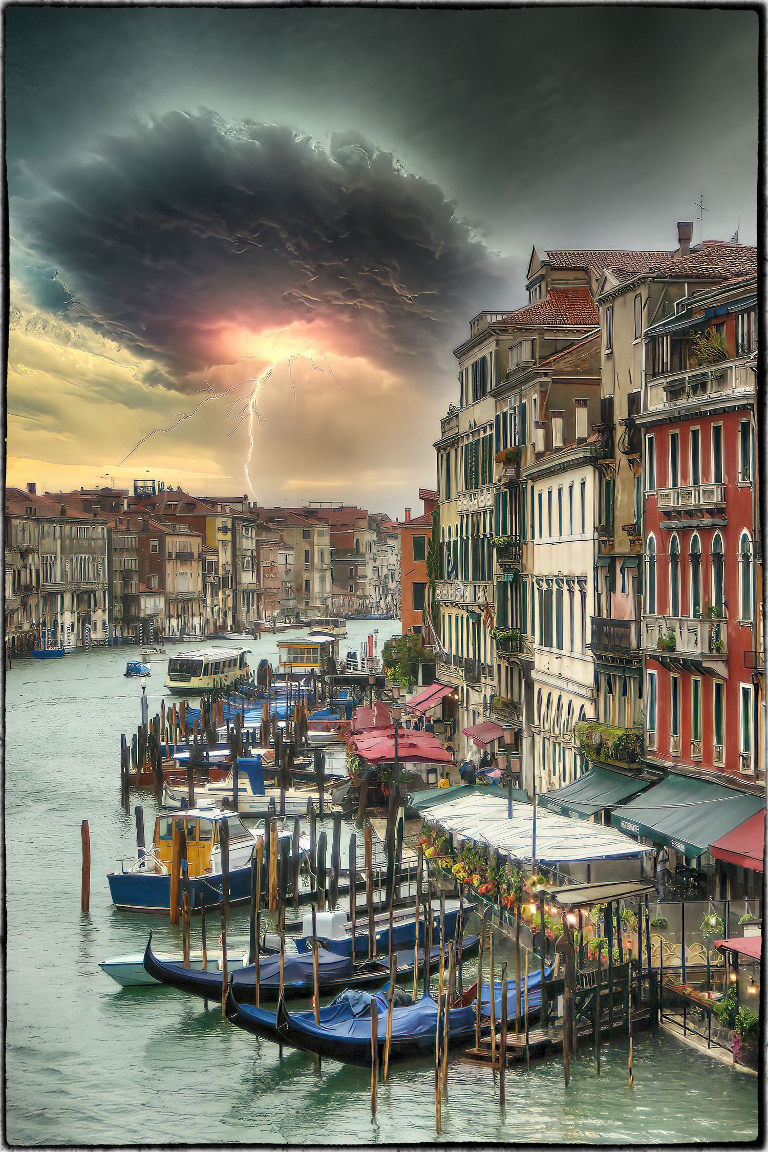 HDR photo of Venice Grand Canal with colorful buildings, gondolas, and a dramatic lightning storm overhead.
