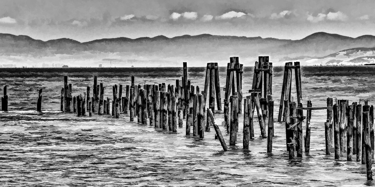 Black and white panoramic view of weathered wooden pier pilings standing in calm water with mountain range backdrop.
