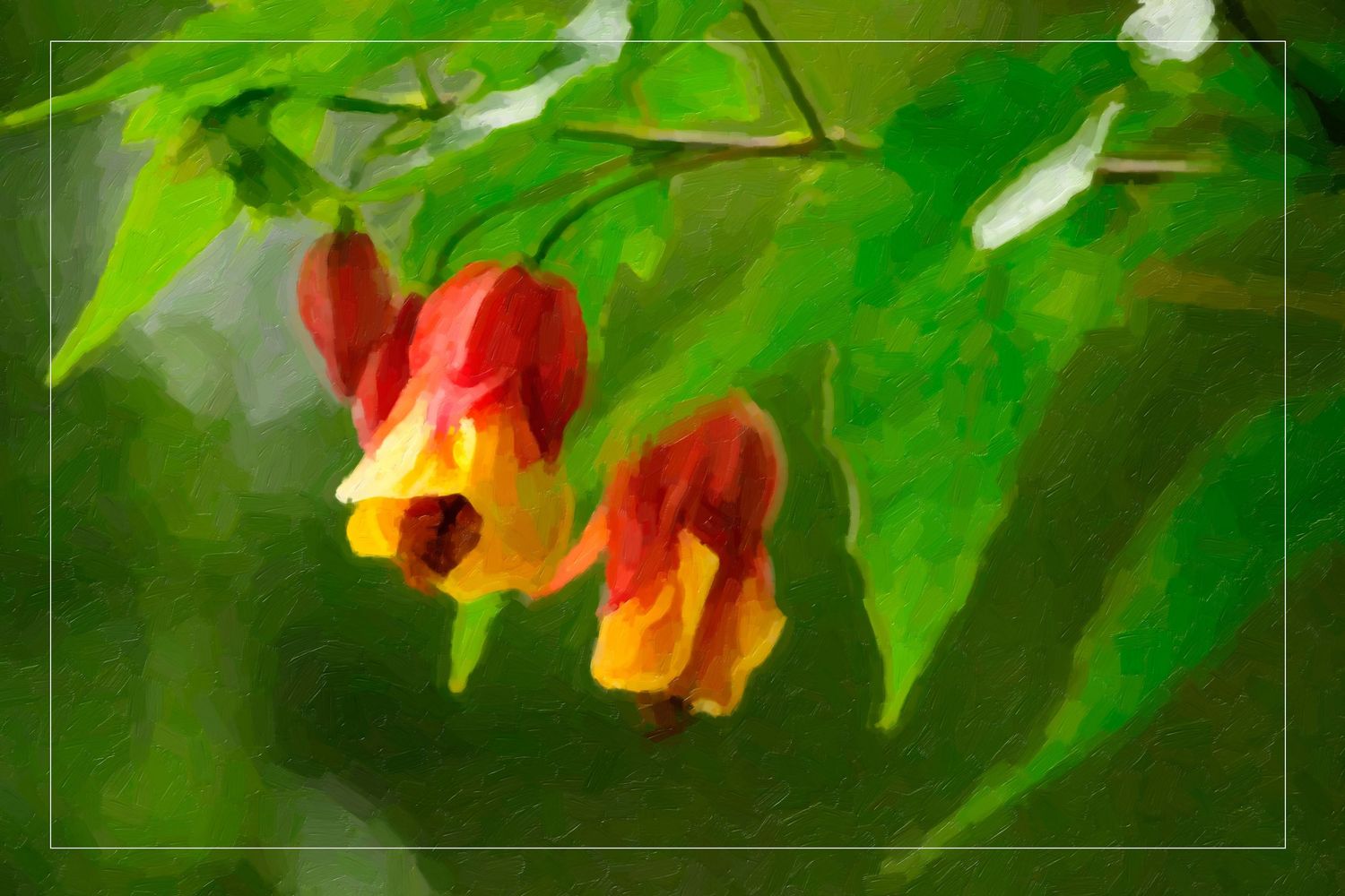 Painterly soft-focus image of red and yellow tropical bell-shaped flowers hanging from green leafy branches.