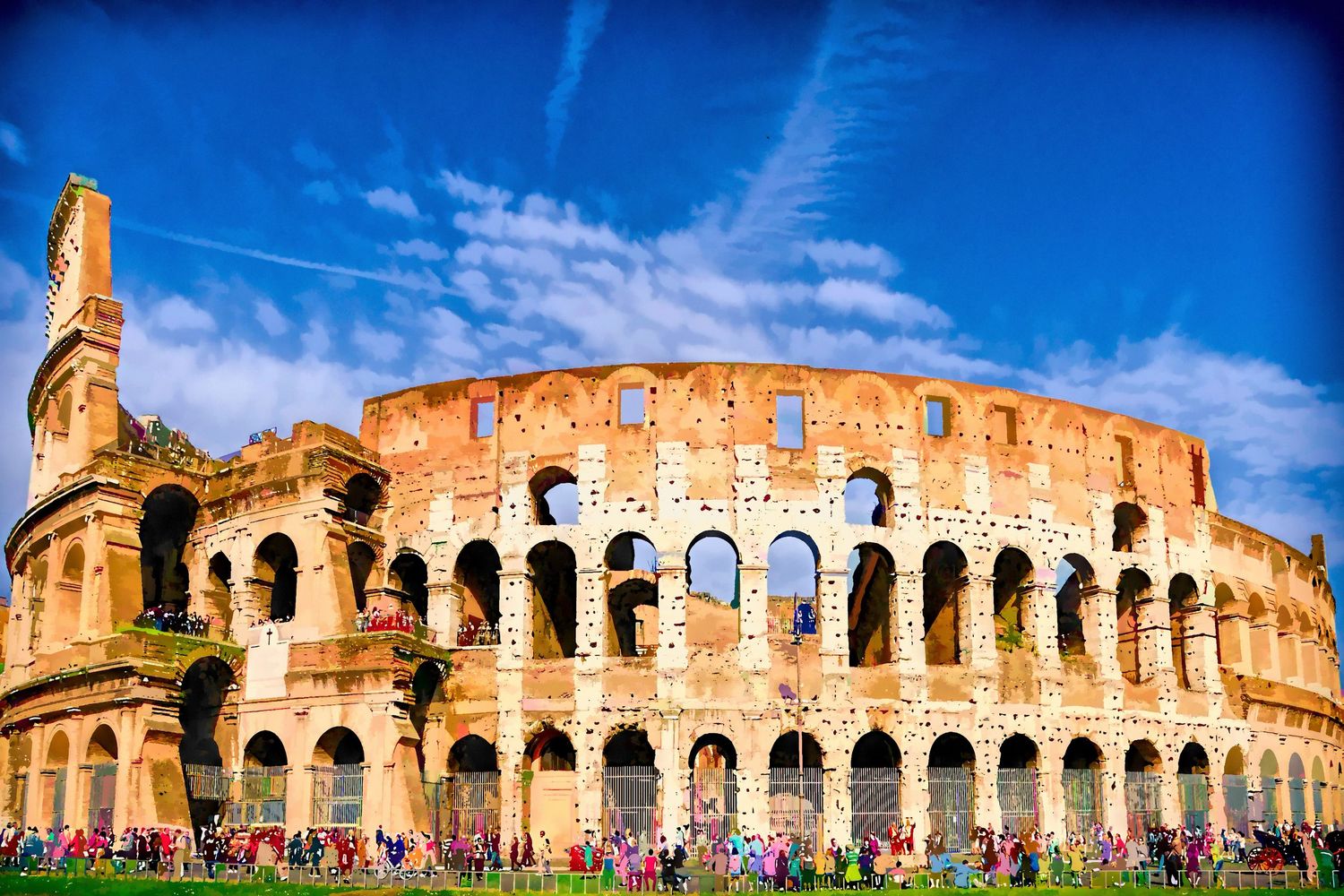 Wide-angle view of the ancient Roman Colosseum under a vivid blue sky surrounded by crowds of tourists in Rome, Italy.