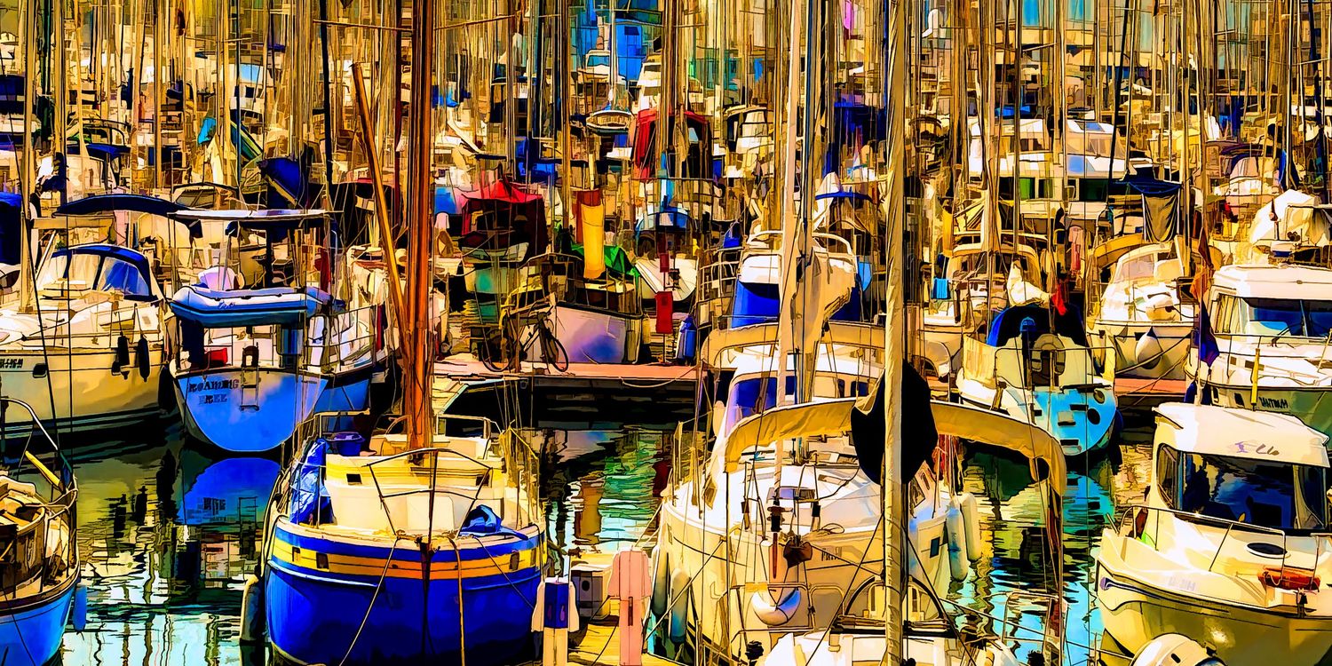 Golden hour photograph of sailboats and yachts densely packed in a marina with warm reflective lighting, Barcelona, Spain.