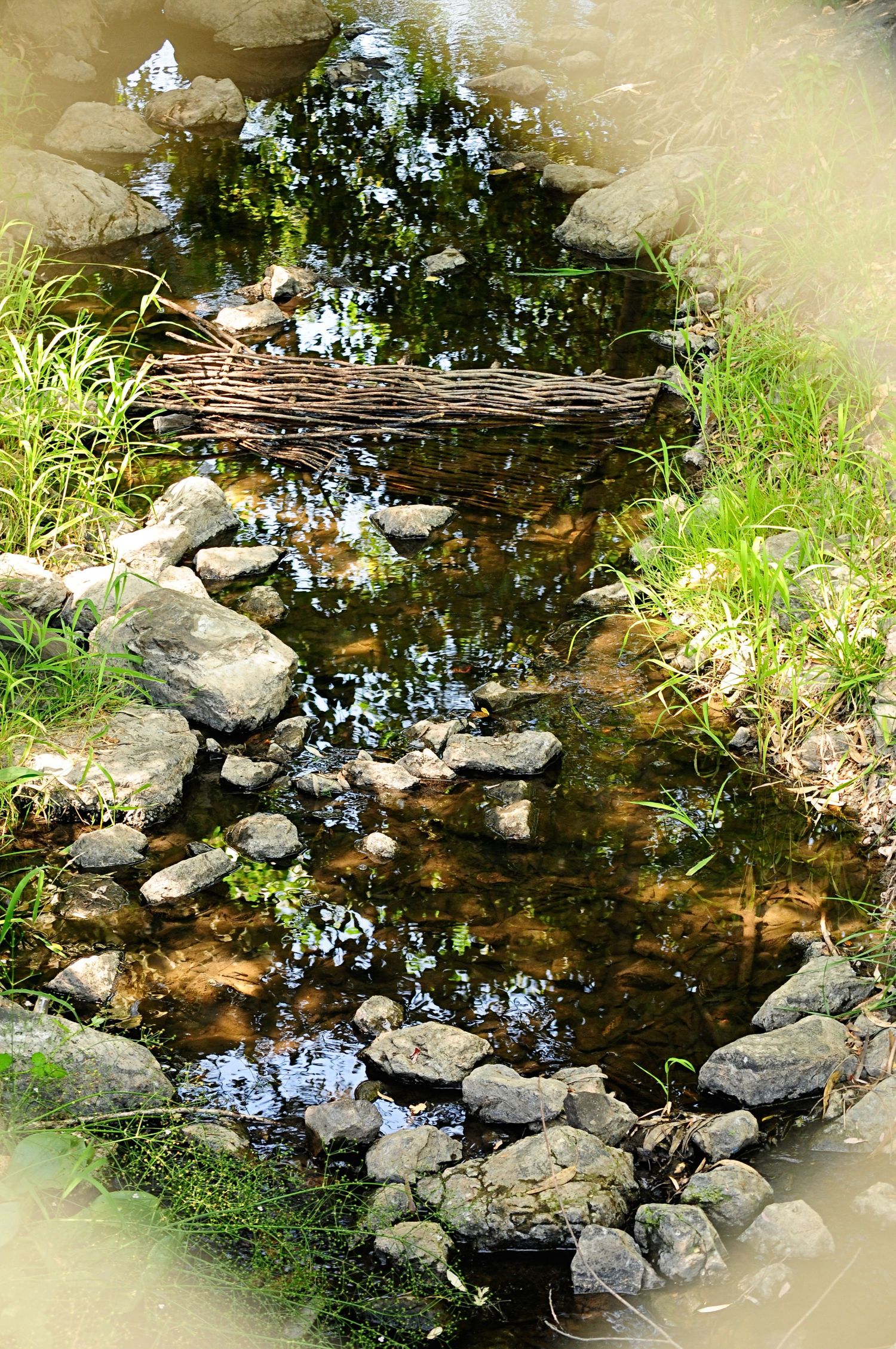 Serene garden water feature with smooth stones, a wicker bridge, and lush green grass reflections.