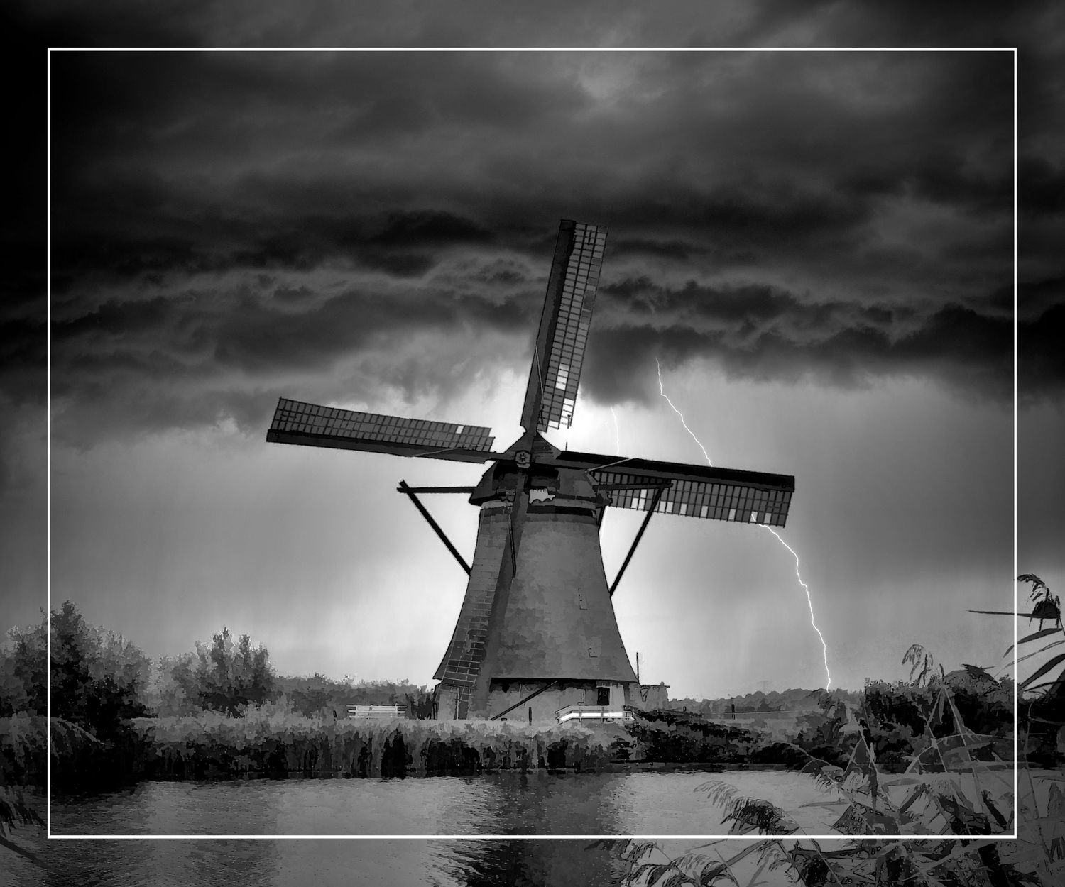 Black and white image of a Dutch windmill at Kinderdijk with dramatic lightning striking behind it, The Netherlands.
