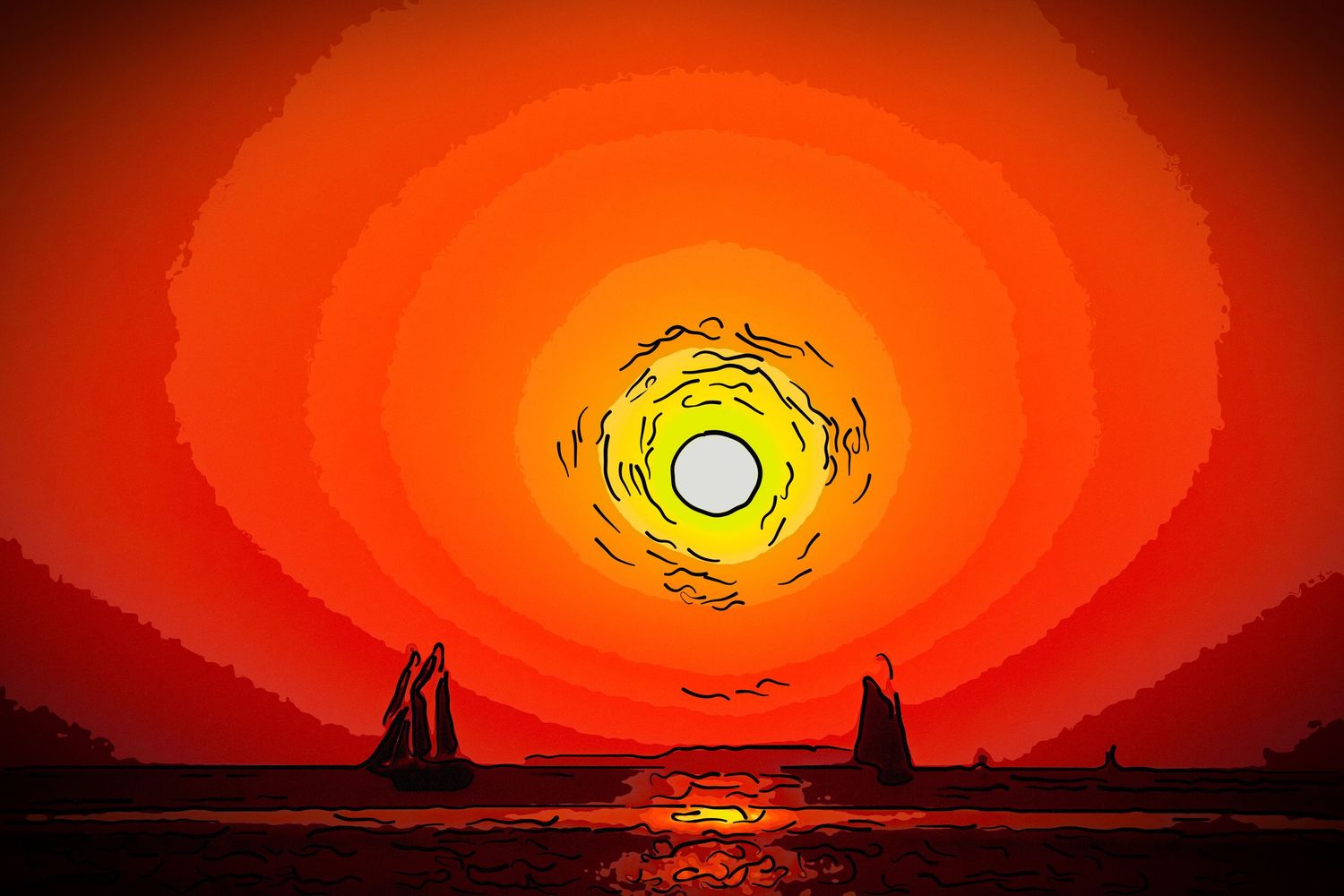 Dramatic digital art of a glowing sun with concentric rings and sailboat silhouettes at sunset.