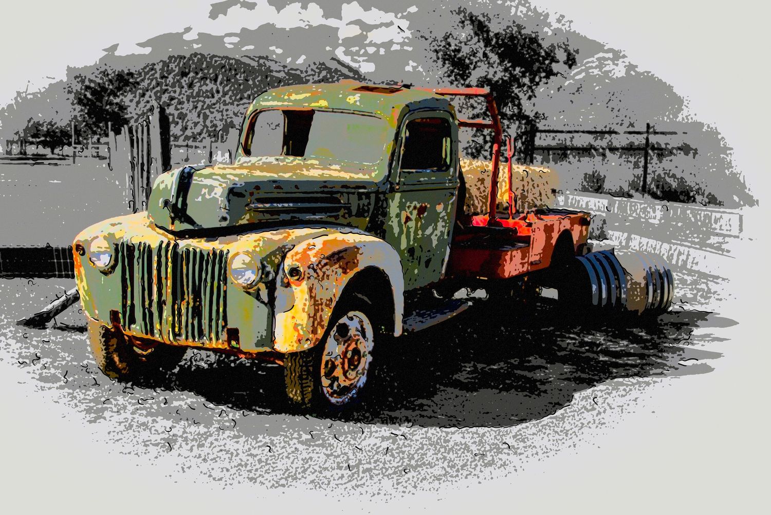Stylized artistic rendering of an antique rusty Ford flatbed truck in a desert setting.