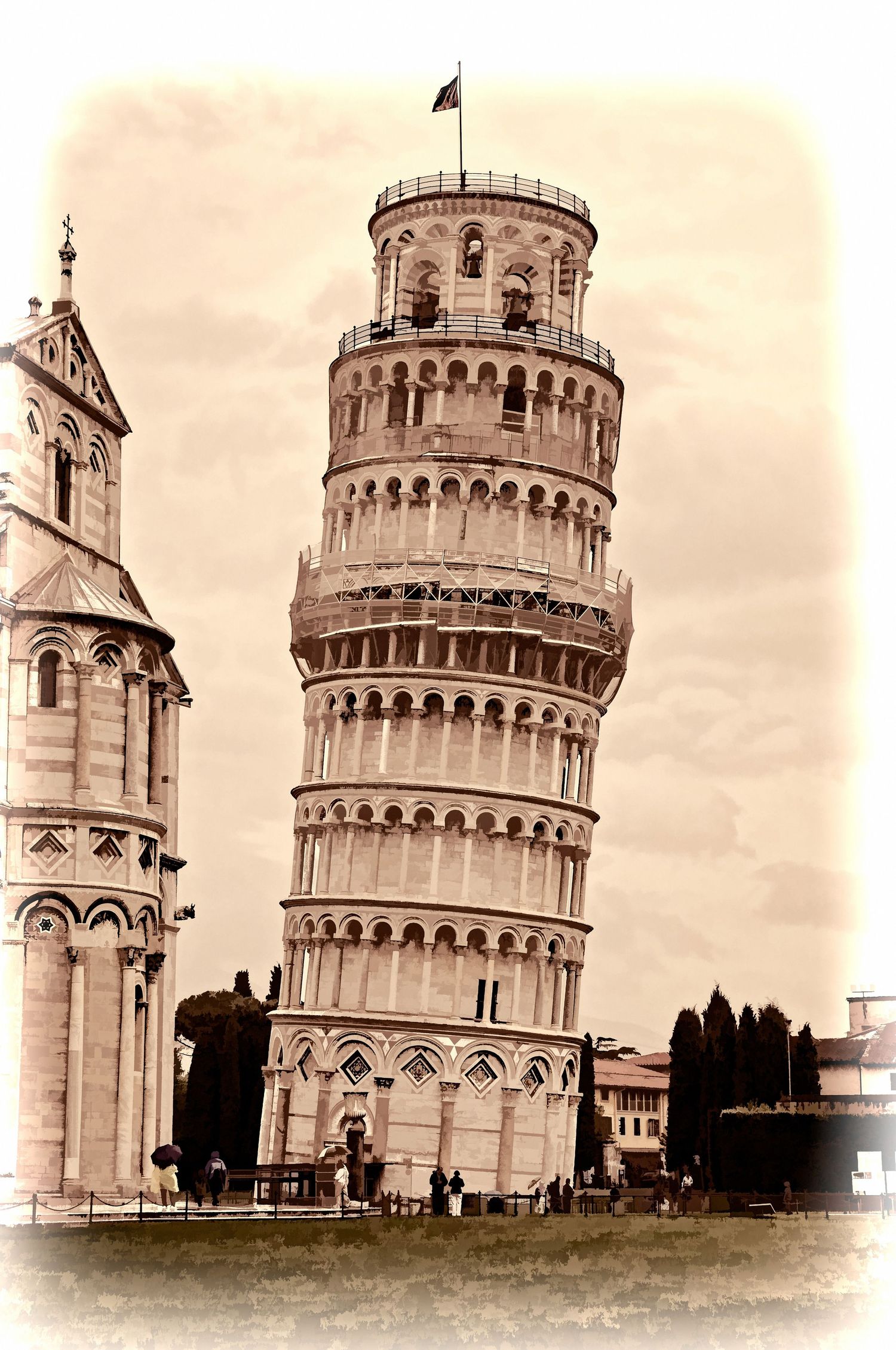 Vintage sepia photo of the iconic Leaning Tower of Pisa with the cathedral in Pisa, Italy.
