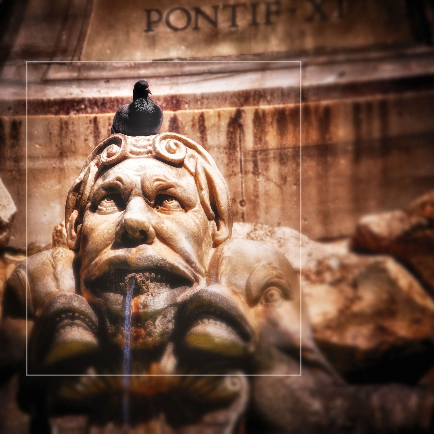 Ancient Roman stone fountain sculpture with an angry face looking at the bird on it's head spouting water near the Pantheon in Rome, Italy.