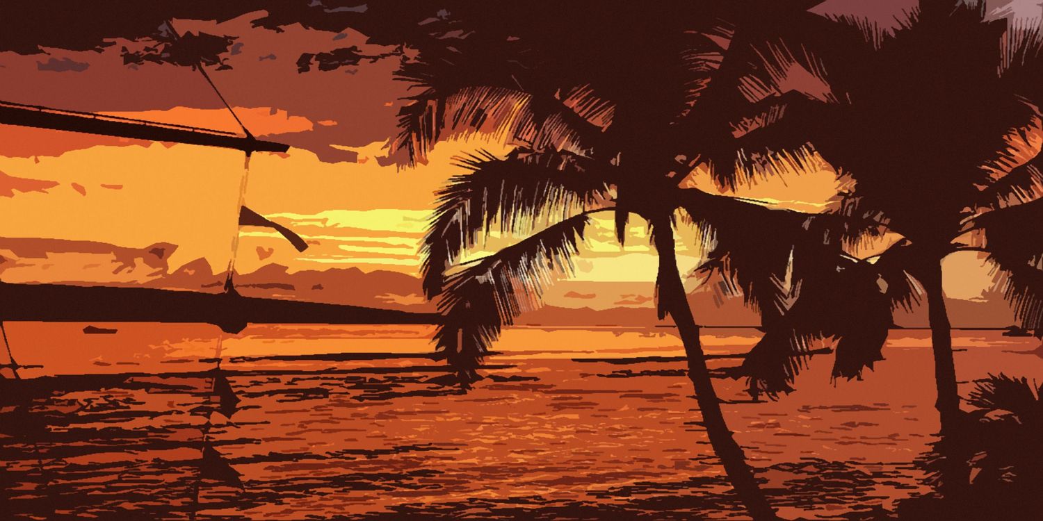 Artistic digital illustration of a vibrant orange tropical sunset with palm tree silhouettes over the ocean, Maui, Hawaii.