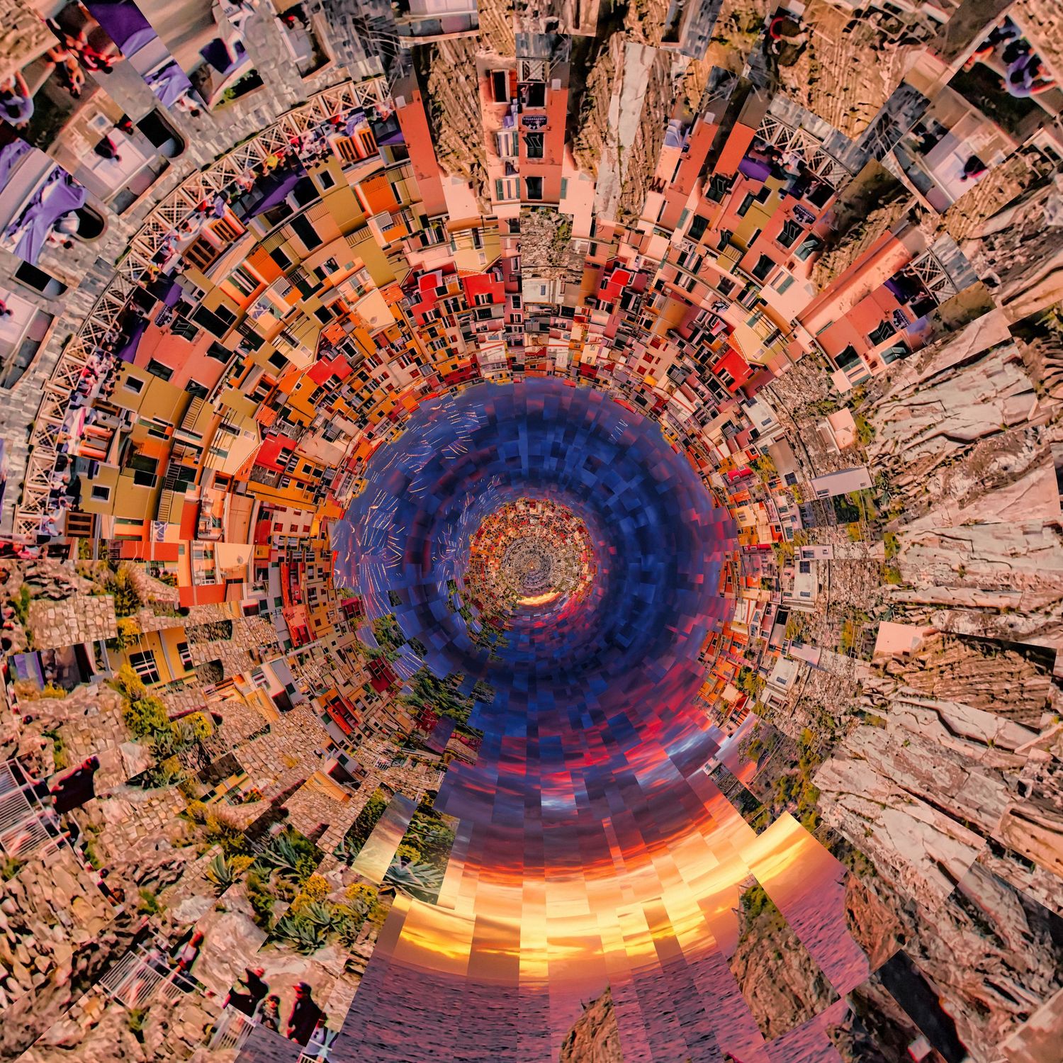 Aerial tiny planet projection of a colorful dense urban cityscape with a glowing circular vortex center at sunset.