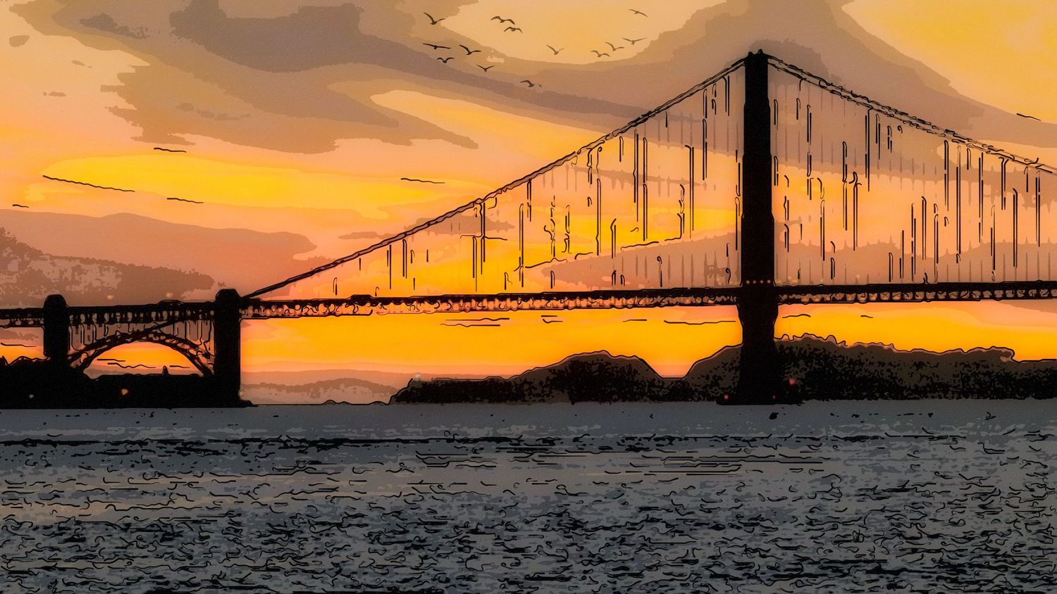 Artistic stylized silhouette of Golden Gate Bridge at vibrant orange sunset over water. San Francisco, California.