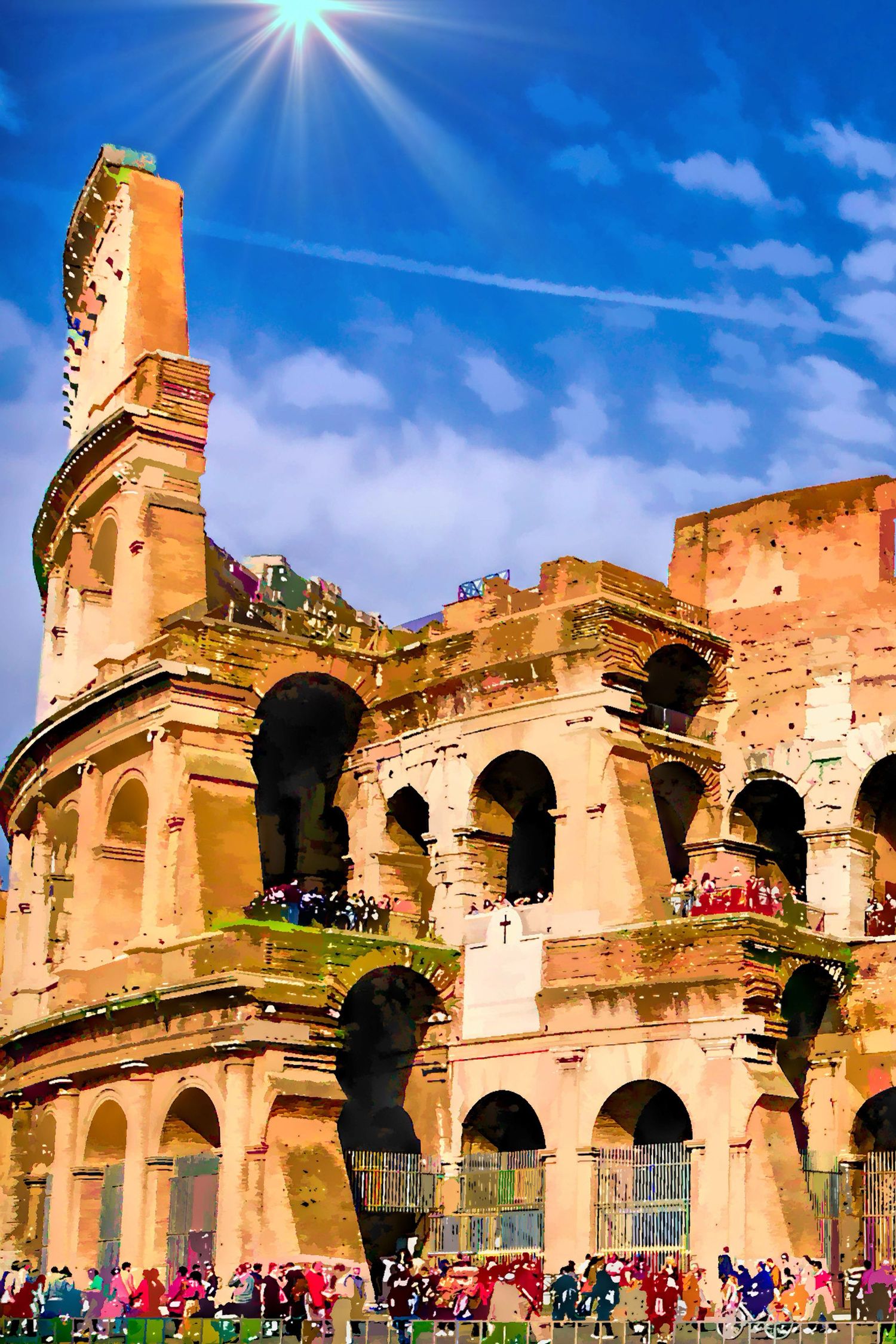 Dramatic low-angle view of the Roman Colosseum with sunburst effect and colorful crowds of tourists in Rome, Italy.