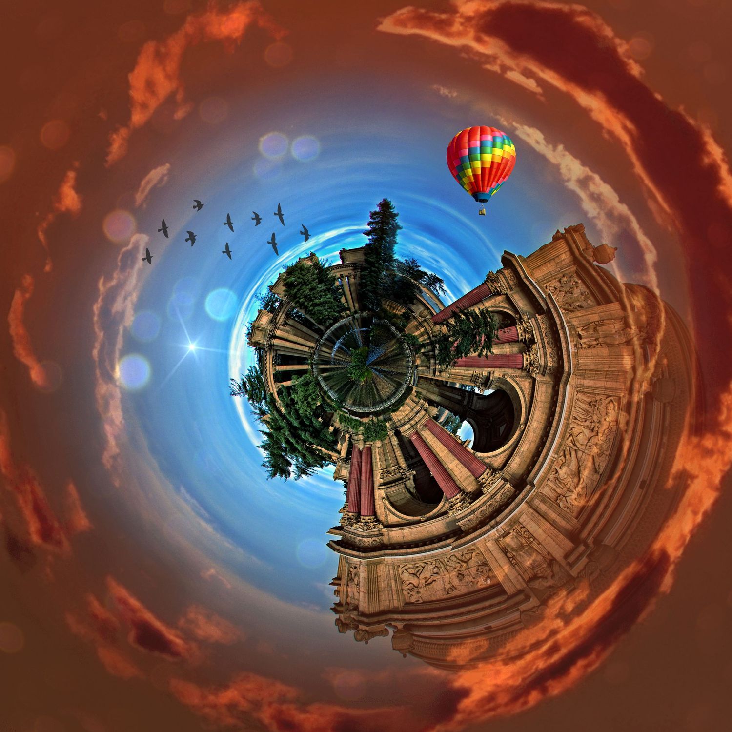Surreal tiny planet digital art featuring a hot air balloon, ancient temple, trees, and birds against a dramatic orange sky.