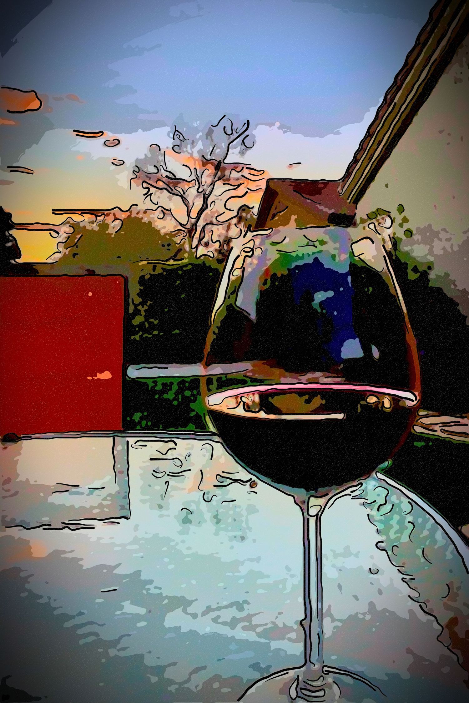 Artistic stylized image of a red wine glass on a table with colorful sunset garden background.