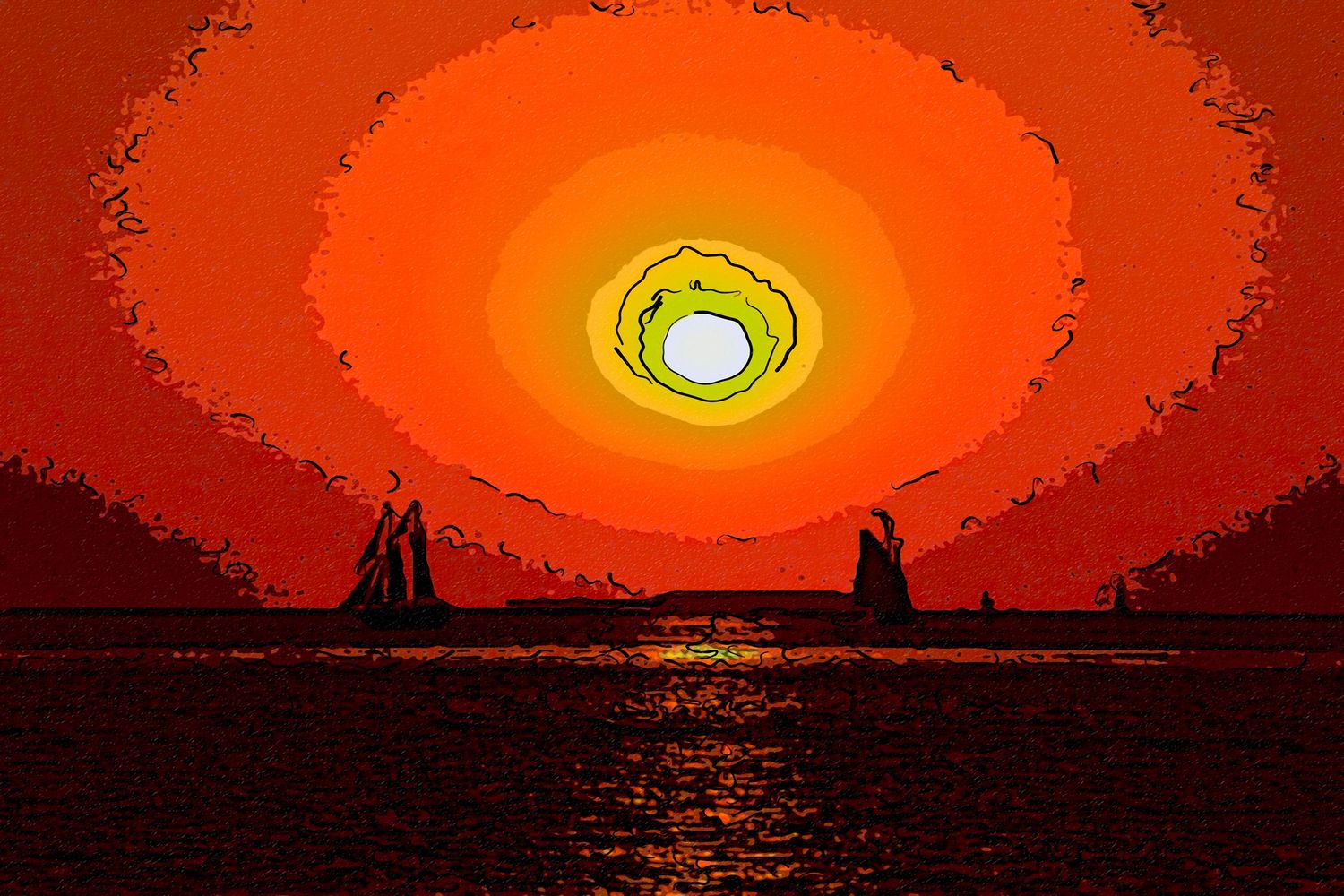 Stylized digital artwork featuring a swirling orange sunset with sailboat silhouettes reflected on calm water.