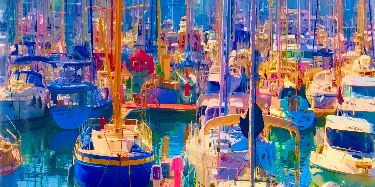 Colorful impressionistic painting of sailboats and yachts docked in a marina with vivid blue and gold tones, Barcelona, Spain.