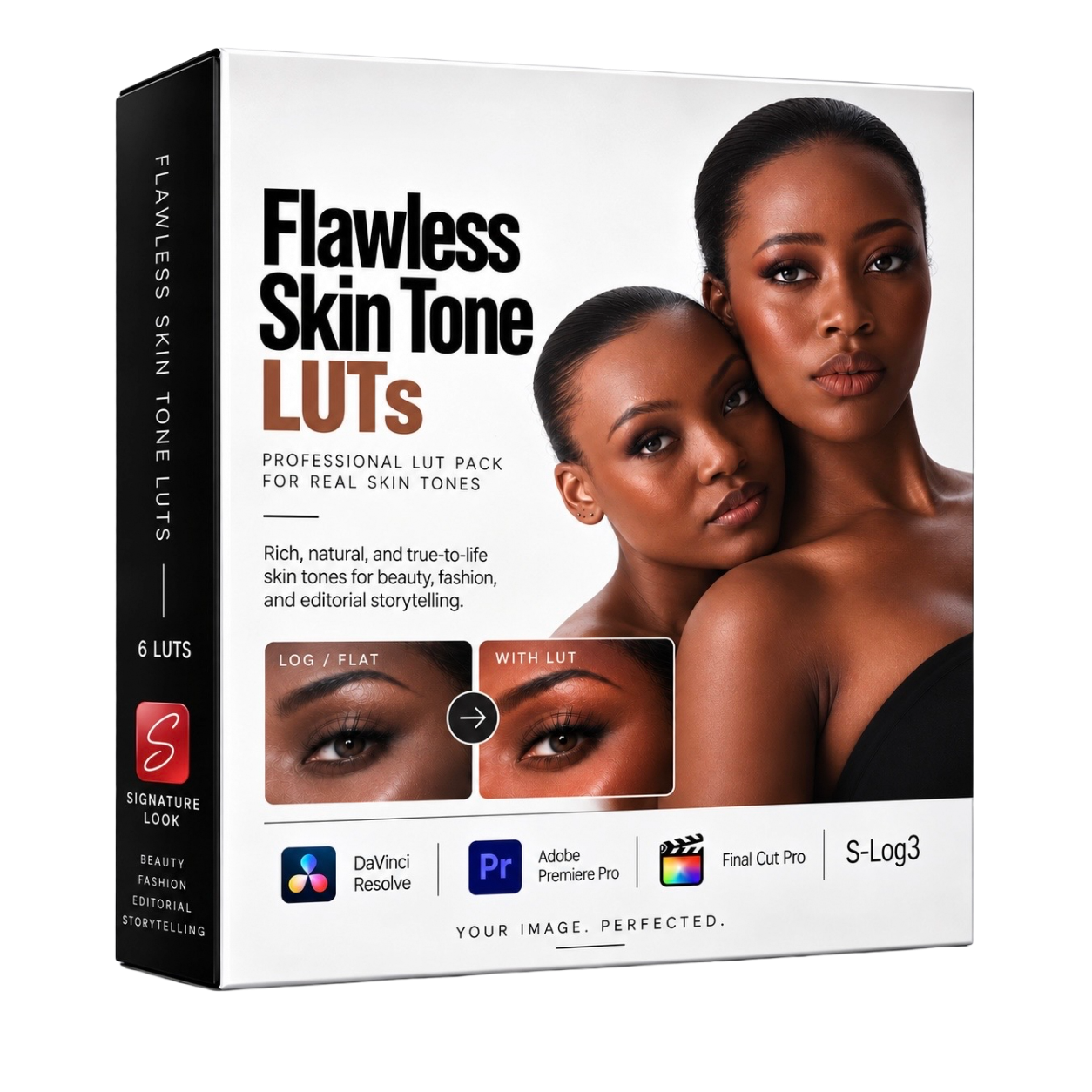 Professional Flawless Skin Tone LUTs pack for DaVinci Resolve, Premiere Pro, and Final Cut Pro, featuring S-Log3 support.