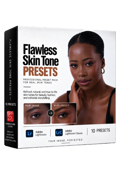 Flawless Skin Tone Presets professional pack box featuring a woman with flawless dark skin, compatible with Adobe Lightroom, 10 presets.
