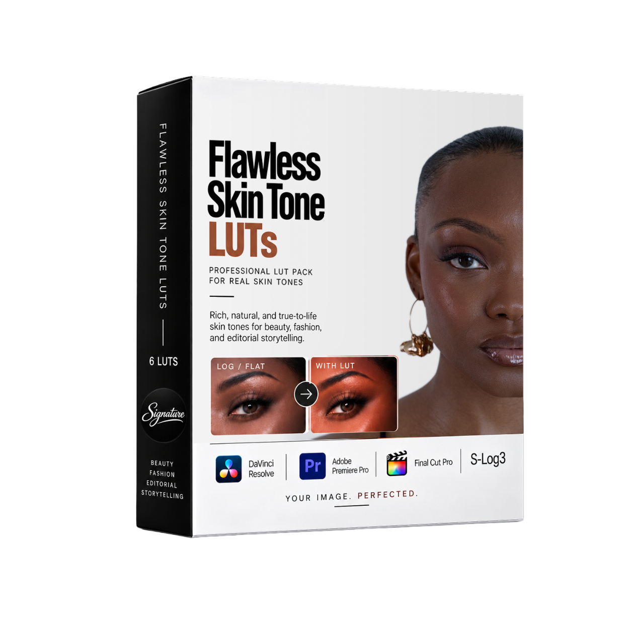 Flawless Skin Tone LUTs product box with a before and after portrait, compatible with DaVinci Resolve, Premiere Pro, Final Cut Pro and S-Log