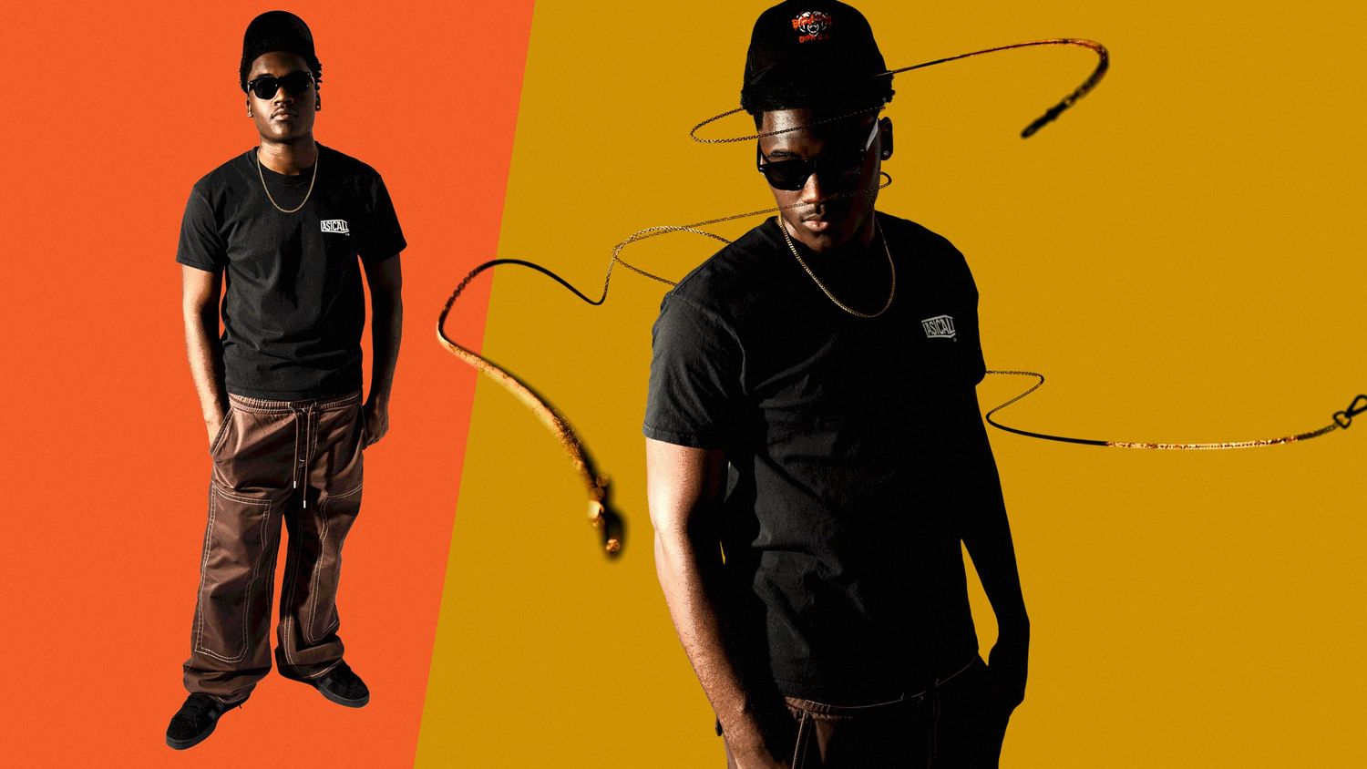 A stylish man poses in two stances against a bold orange and yellow split background.