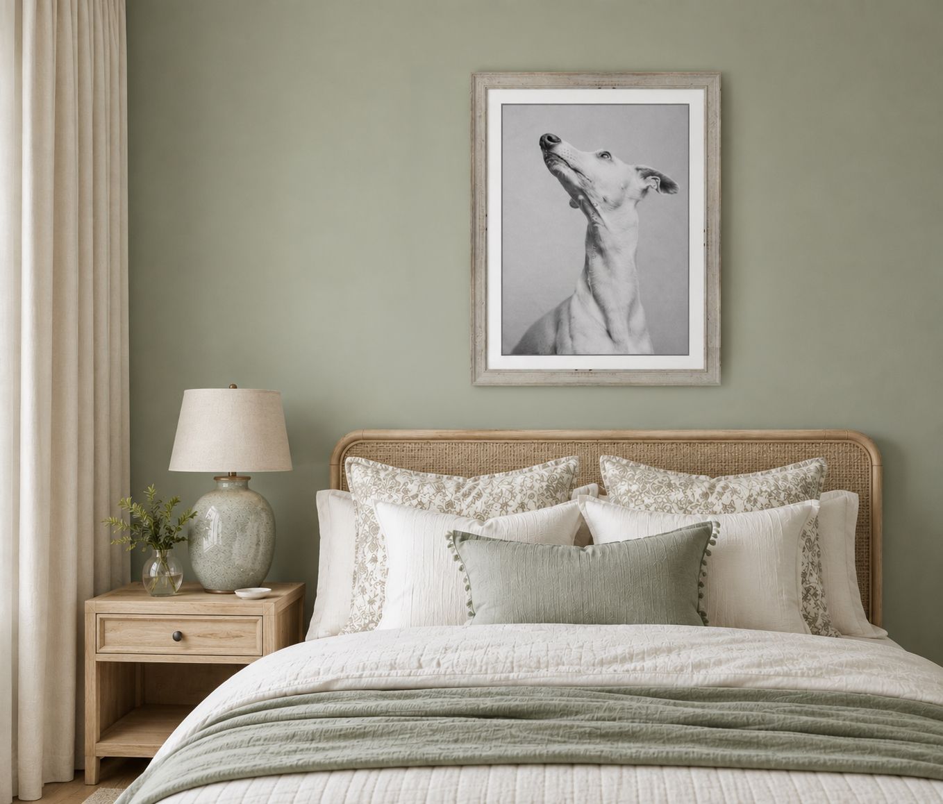 Black and white framed greyhound portrait above a bed in a soft sage green bedroom.