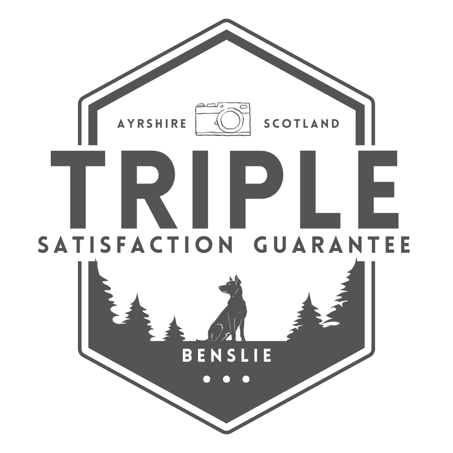 Triple satisfaction guarantee hexagonal badge logo for Benslie, Ayrshire Scotland with camera and dog silhouette.