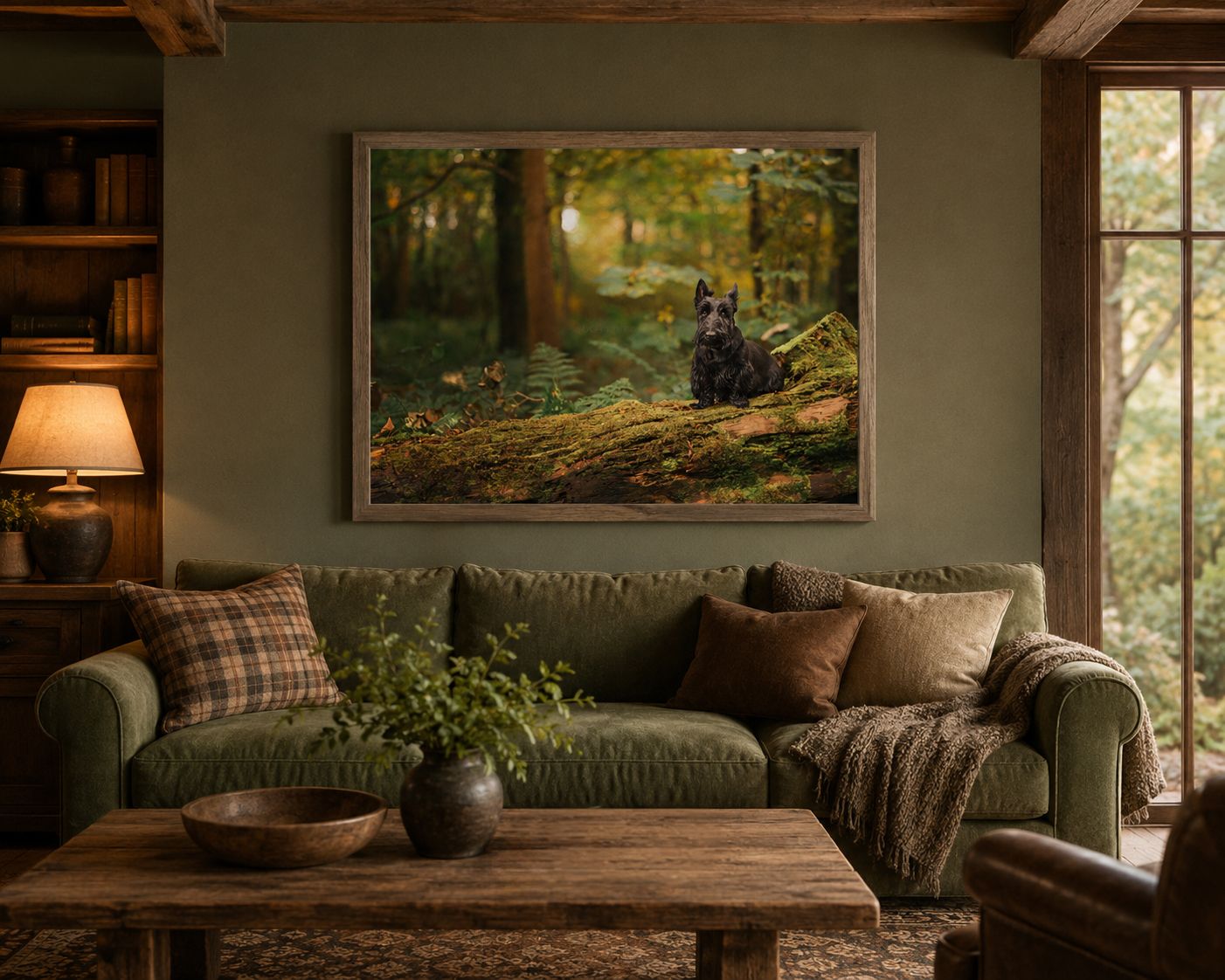 Framed black Scottie dog forest painting displayed above green sofa in a warm rustic living room.